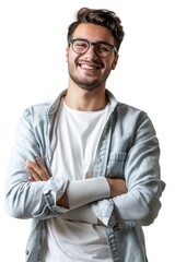 Aufkleber - A man wearing glasses and a denim jacket. Suitable for fashion or casual lifestyle themes