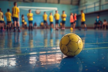 Poster - Bright yellow soccer ball on a vibrant blue floor. Perfect for sports events and activities