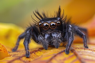 Poster - Detailed view of a spider on a green leaf, suitable for nature themes