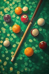 Poster - Pool table with balls and a cue, suitable for recreational or sports-themed designs