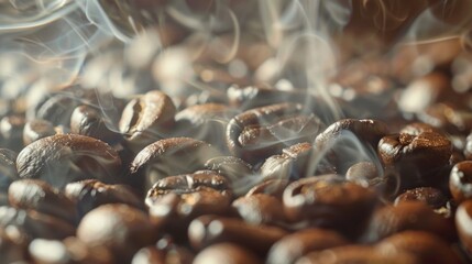 Poster - A pile of roasted coffee beans with smoke rising, perfect for coffee shops and cafes