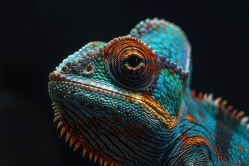 Poster - A detailed image of a chameleon on a dark backdrop. Suitable for educational materials or nature-themed designs