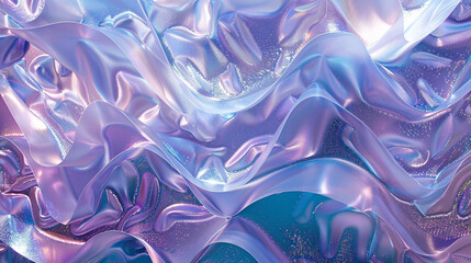 a dynamic composition of shiny plastic waves in a spectrum of cyan and lavender, interwoven with glo