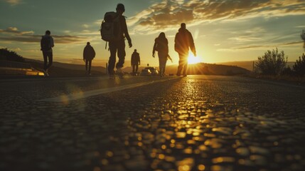 Canvas Print - A group of people walking down a road at sunset. Suitable for travel and lifestyle themes