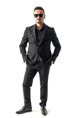 Aufkleber - A man in a suit and sunglasses posing for a picture. Ideal for business and fashion concepts