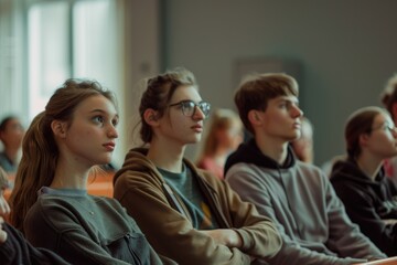 Poster - A group of people sitting together in a room. Suitable for business or casual meeting concepts