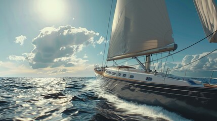 Poster - A sailboat sailing in the open ocean. Suitable for travel brochures