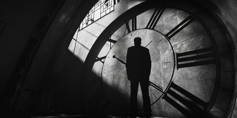 Poster - A man standing in front of a large clock. Suitable for time management concepts