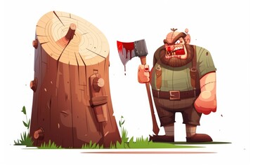 Poster - A man holding an axe next to a tree stump. Can be used for outdoor, lumberjack, or forestry themes