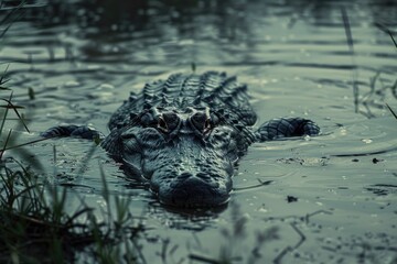 Poster - A large alligator floating in a body of water. Suitable for nature and wildlife themes