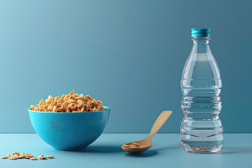 Poster - A bowl of cereal next to a bottle of water. Perfect for healthy lifestyle concepts