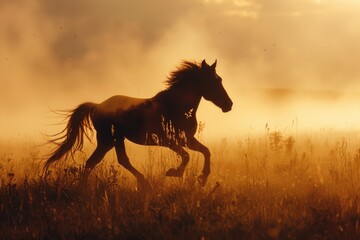 Aufkleber - Majestic horse galloping through lush field. Suitable for nature and animal themes