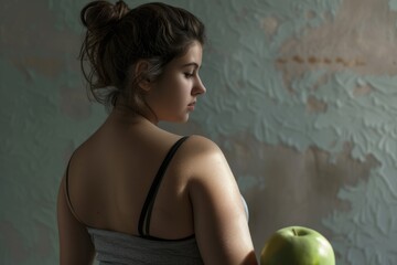 Poster - A woman holding a fresh green apple, suitable for healthy lifestyle concepts