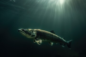 Poster - A large fish swimming under the sun in the water. Suitable for nature and underwater themes