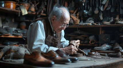 Aufkleber - A man repairing a shoe in a shoe shop. Ideal for business and craftsmanship concepts