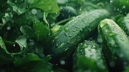 Poster - Fresh cucumbers on a bed of leaves, ideal for healthy eating concept
