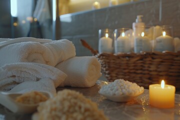 Aufkleber - A cozy bathroom with neatly stacked towels and a burning candle. Perfect for home decor or spa concepts