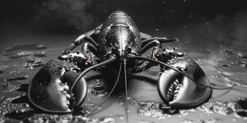 Wall Mural - A black and white photo of a lobster in the water. Suitable for seafood industry promotions