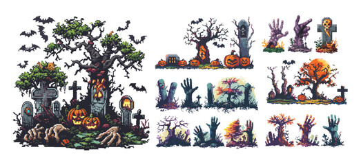 Wall Mural - Grave hand rising pixel art vector set. Tombstones cemetery stones living dead wrists trees bats fence scary funny 8 bit gaming holiday halloween concepts asset, illustration isolated on white