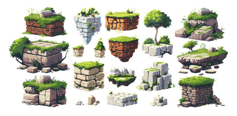 Sticker - Ground platforms cartoon vector set. Mountain stones bricks block granite earth chunks trees grass lawn overgrown steps soaring islands, video game arcade assets isolated on white background