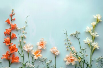Poster - Vibrant orange and white flowers set against a striking blue backdrop. Ideal for adding a pop of color to any design