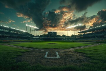 Aufkleber - A beautiful sunset at a baseball field, perfect for sports and outdoor enthusiasts