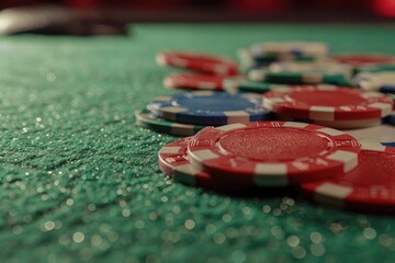 Poster - A green table covered in red and blue poker chips, perfect for gambling or casino concepts