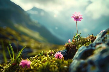 Poster - Small pink flower growing out of a moss covered hillside. Suitable for nature and gardening themes