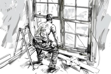 Aufkleber - A drawing of a man standing in front of a window. Suitable for various projects