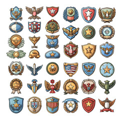 Sticker - military badges cartoon vector set. awards stars wings shields achievement courage affiliation navy 