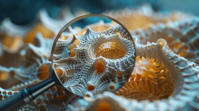 Magnifying glass over 3D rendering of abstract organic structure