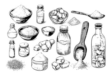 Poster - Salt pencil sketch vector set. Spoon powder bowl flask sea iodized crystallized bottles vials culinary seasoning spice, grayscale illustrations isolated on white background