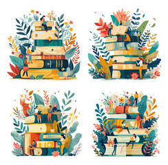 Wall Mural - tiny people reading big books cartoon vector concepts. men women library visitors bookworms literatu