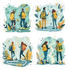 Canvas Print - Tourists lost cartoon vector scenes. Men woman back view backpacks map pin hikers bushes plants leaves route road direction travelers characters, path place way target destination illustration