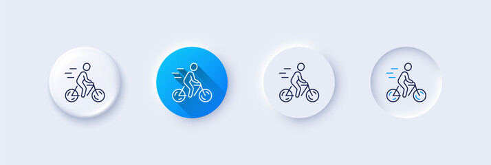 Poster - Cyclist line icon. Neumorphic, Blue gradient, 3d pin buttons. Ride a bike sign. Outdoor and city transport symbol. Line icons. Neumorphic buttons with outline signs. Vector