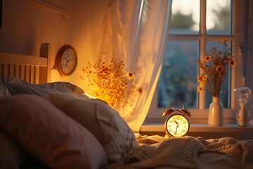 Wall Mural - A vintage alarm clock ringing with the hands pointing to sunrise, with soft light illuminating a cozy bedroom.