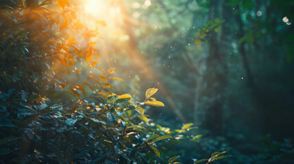 Wall Mural - Sunlight filtering through forest leaves in a tranquil setting