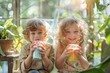 © Thanyaporn - Two cheerful children sit together on a bench in a sunlit room filled with lush green plants. The boy, with curly hair and a beige shirt, holds a cup of blue milk.