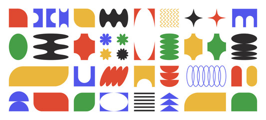 Poster - Abstract retro shapes, basic brutal forms and figures in Y2K aesthetics, vintage stickers, logos, labels on the white background. Decorative design elements, vector illustration.