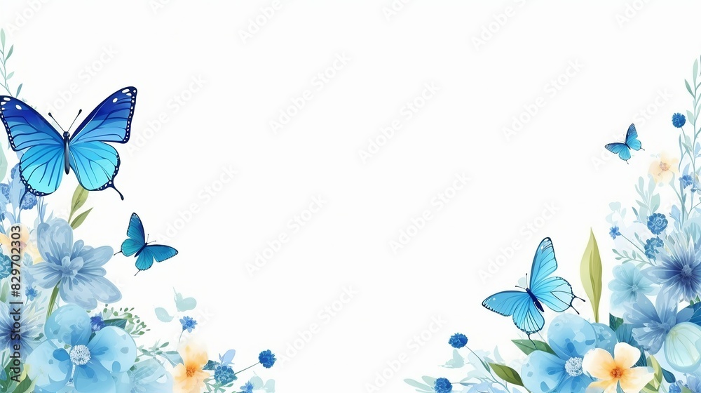 Beautiful floral border with blue flowers and butterflies on a white ...