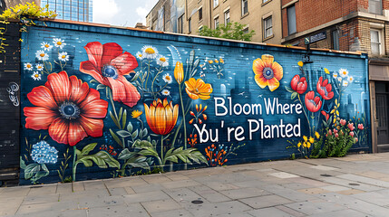 Wall Mural - Graffiti artwork showcasing colorful bouquet of flowers with the words Bloom Where You're Planted in bold typography promoting growth and resilience