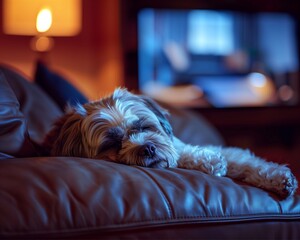 Poster - AI generated illustration of a cute dog resting on bed pillows