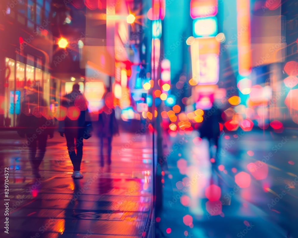 double exposure Silhouettes of people walking on a wet city street at ...