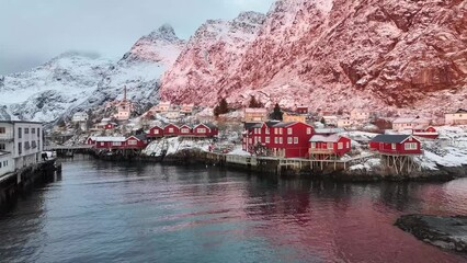 Wall Mural - Aerial view of Lofoten Islands beautiful landscape during winter