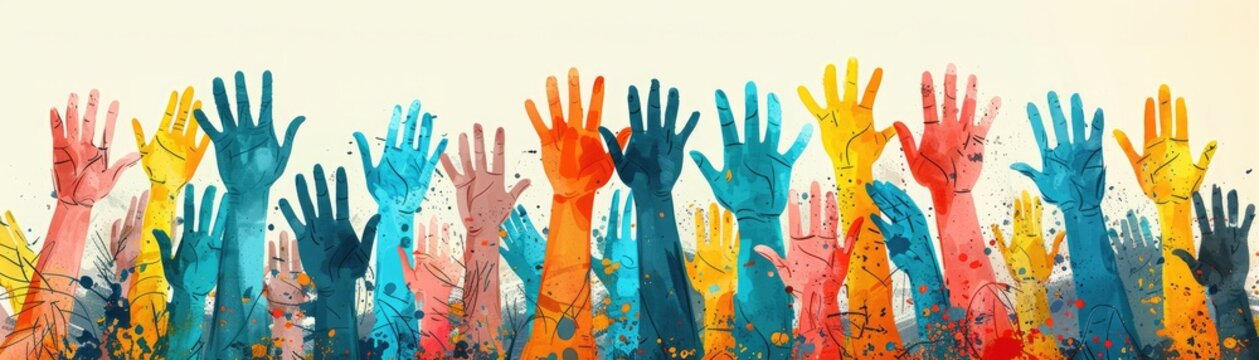 Colorful raised hands symbolizing unity, diversity, and teamwork in a vibrant and dynamic abstract background.