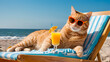 © Boris - A chill orange tabby cat lounges in a beach chair wearing cool sunglasses with a cocktail and ocean backdrop, embodying ultimate relaxation and vacation vibes