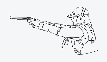 Continuous single line drawing of young girl holding a gun and practicing aiming at target shooting. Editable stroke. Vector illustration.