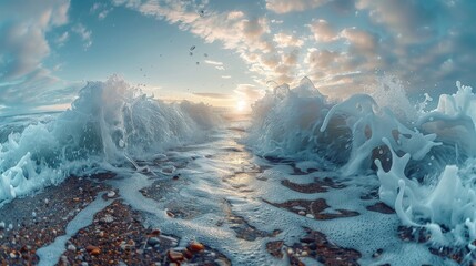 Wall Mural - Vivid sunset skies scatter light across tumultuous ocean waves crashing on a pebbled beach