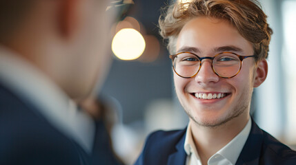 Young professional with glasses smiles during business meeting. Young businessman in glasses smiling and engaged in conversation during a meeting.