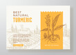 © createvil - Turmeric Plant Powder Curry Food Label Template. Abstract Vector Packaging Design Layout. Modern Typography Banner with Hand Drawn Curcuma Spice and Rural Landscape Background. Isolated